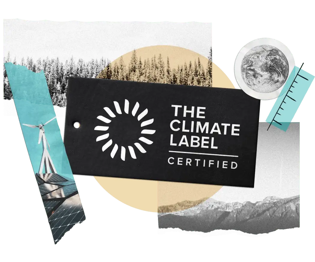 The Climate Label Certified logo overlaid on top of environmental imagery